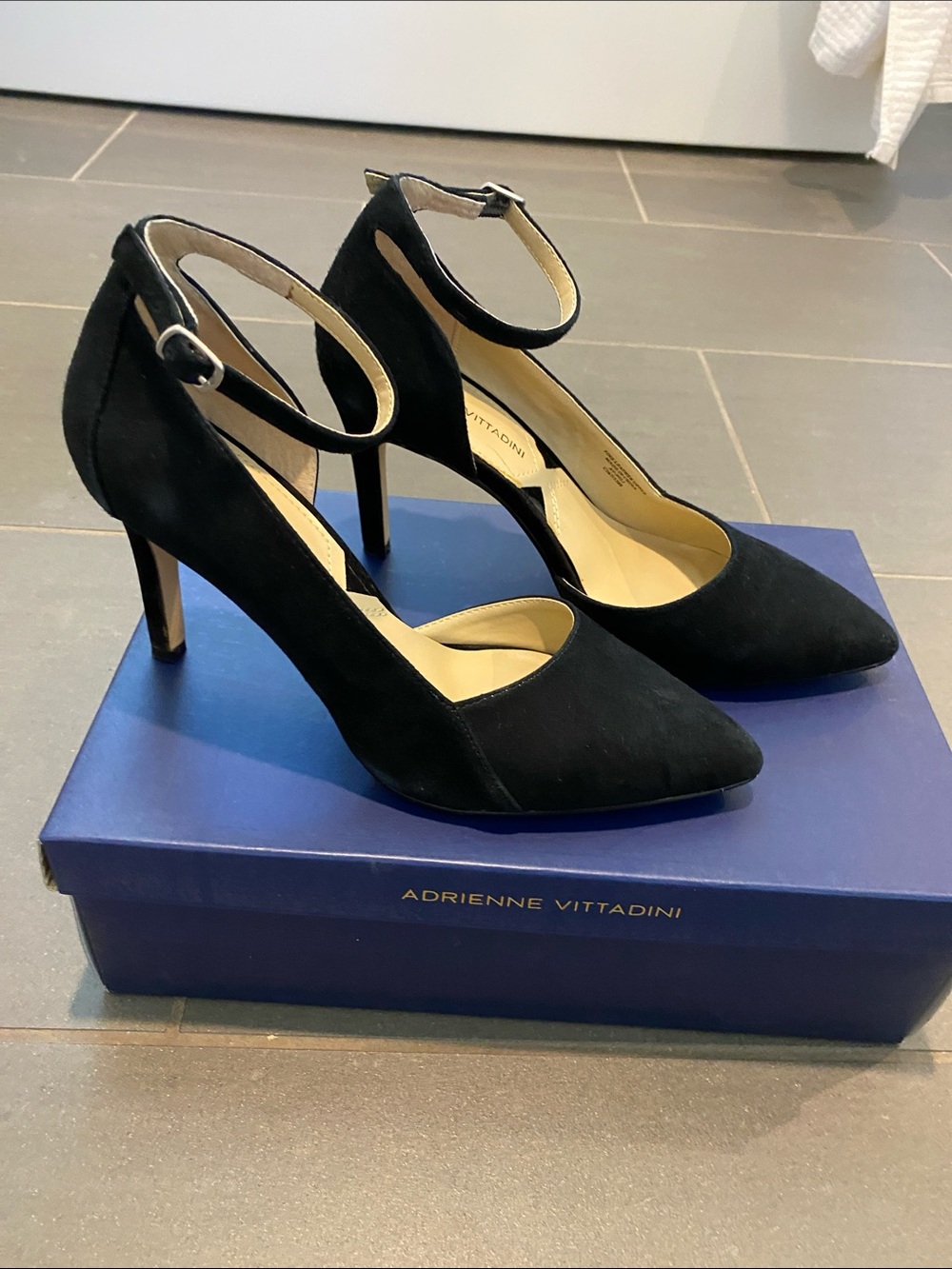 Adrienne Vittadini 3” Black Suede Pointed-Toe Ankle-Strap Heels